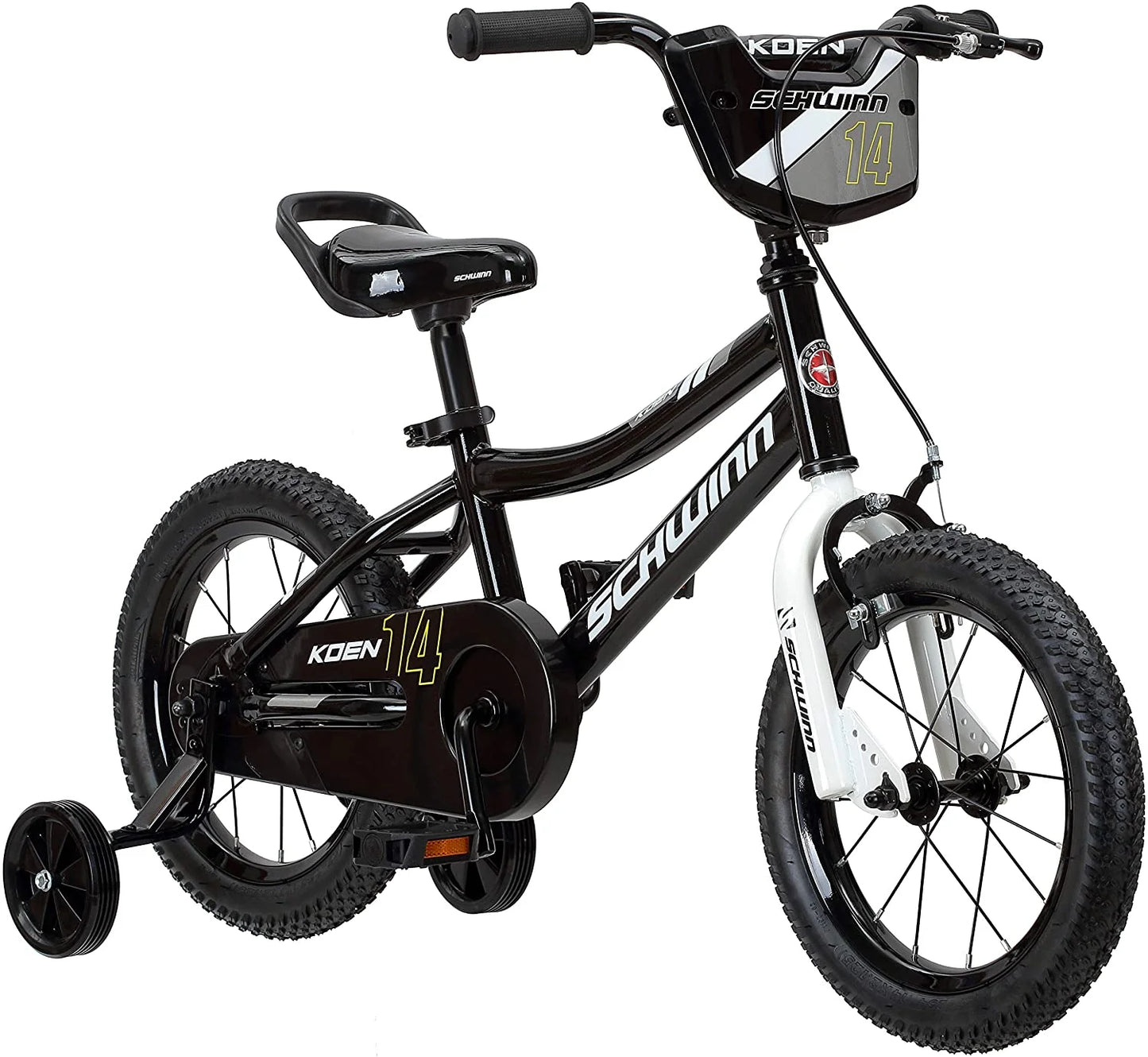 Schwinn koen boys bike for toddlers and kids, 14 inch wheels for ages 2 years and up, black, training wheels, adjustable seat