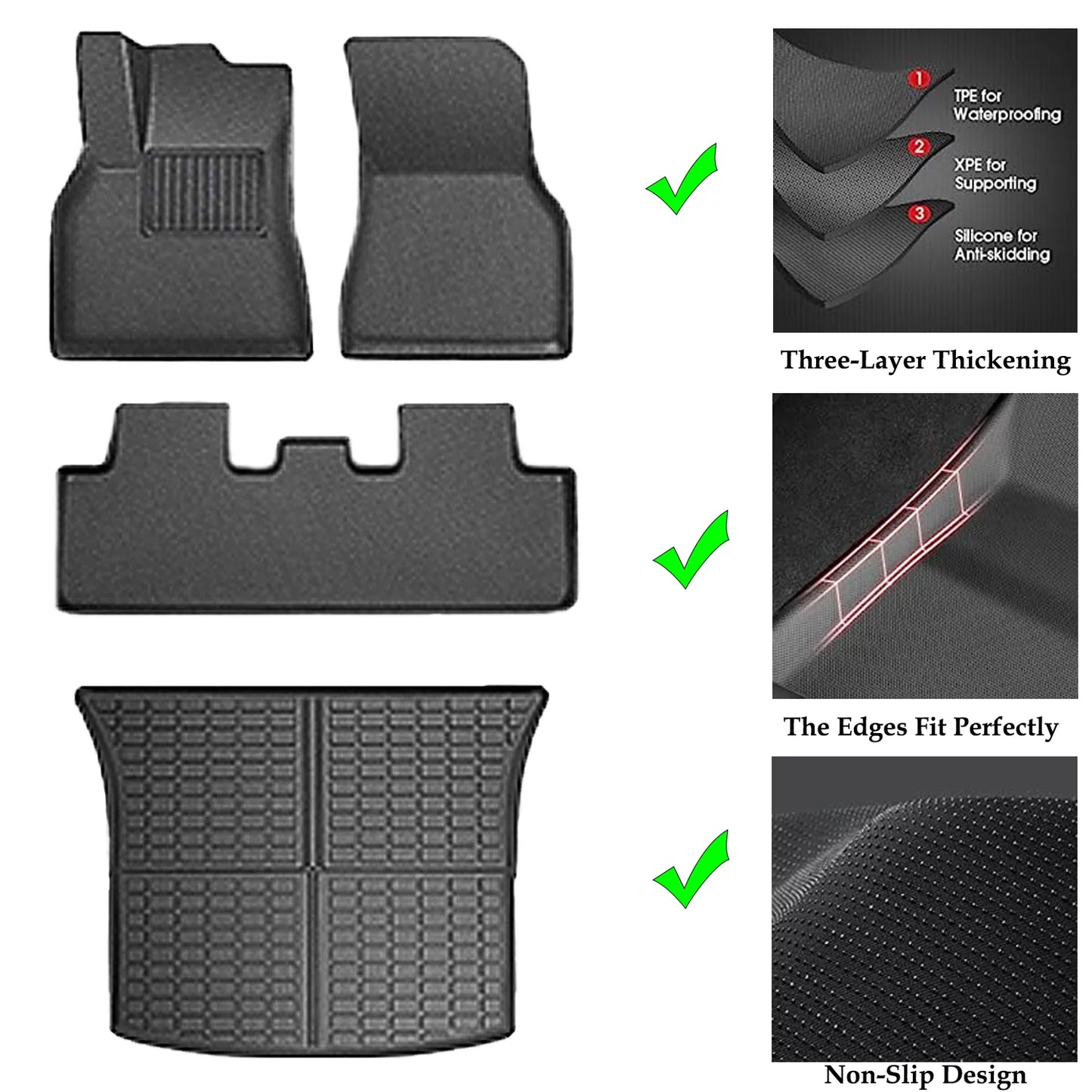 4pcs tesla model y floor mats custom fit for model y 2023-2021, all weather tpe 3d heavy duty floor mats, rear trunk mat floor liners car interior accessories mats