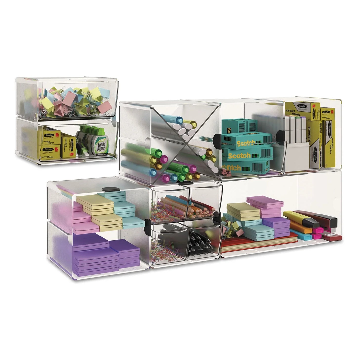 1pc deflecto stackable cube organizer, 4 compartments, 4 drawers, plastic, 6 x 7.2 x 6, clear