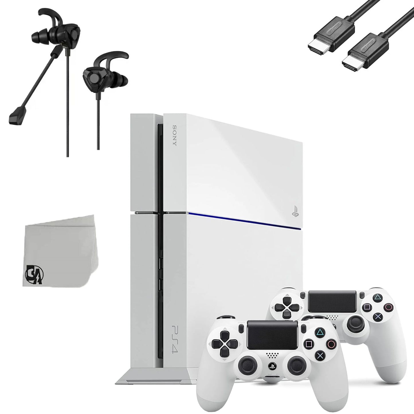 Sony playstation 4 original 500gb matte white gaming console with 2 controller + g9 earbuds with microphone bolt axtion bundle like new