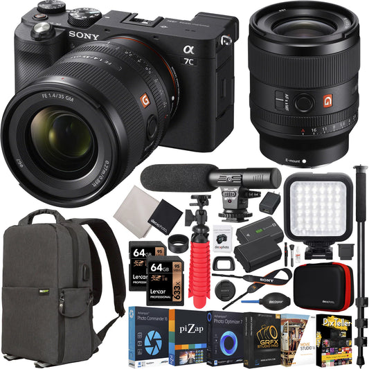 Sony a7c mirrorless full frame camera body + sony fe 35mm f1.4 gm g master lens sel35f14gm black ilce7c/b bundle with deco gear photography backpack case + microphone + led + monopod and accessories