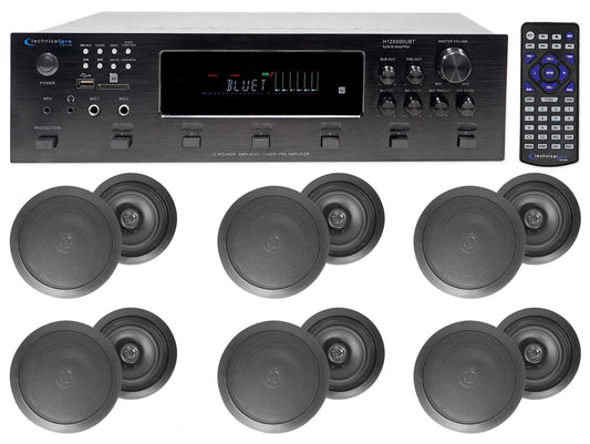 6000w 6) zone, home theater bluetooth receiver+(12) black 6.5" ceiling speakers