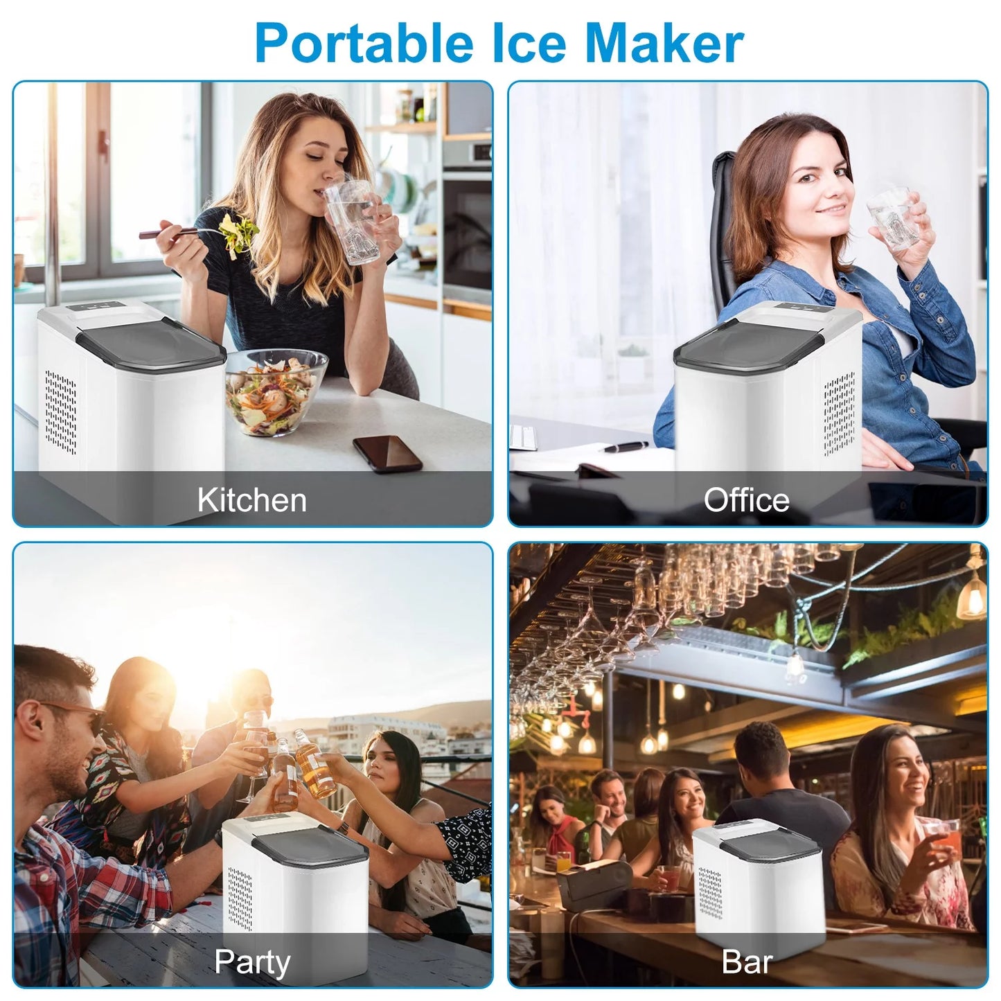 Countertop ice maker, imountek electric ice making machine 6 mins 9 s/l bullet ice, max 33lbs/24hrs, portable ice maker with self-cleaning, ice scoop, and basket, for home/kitchen/office/party/bar/rv