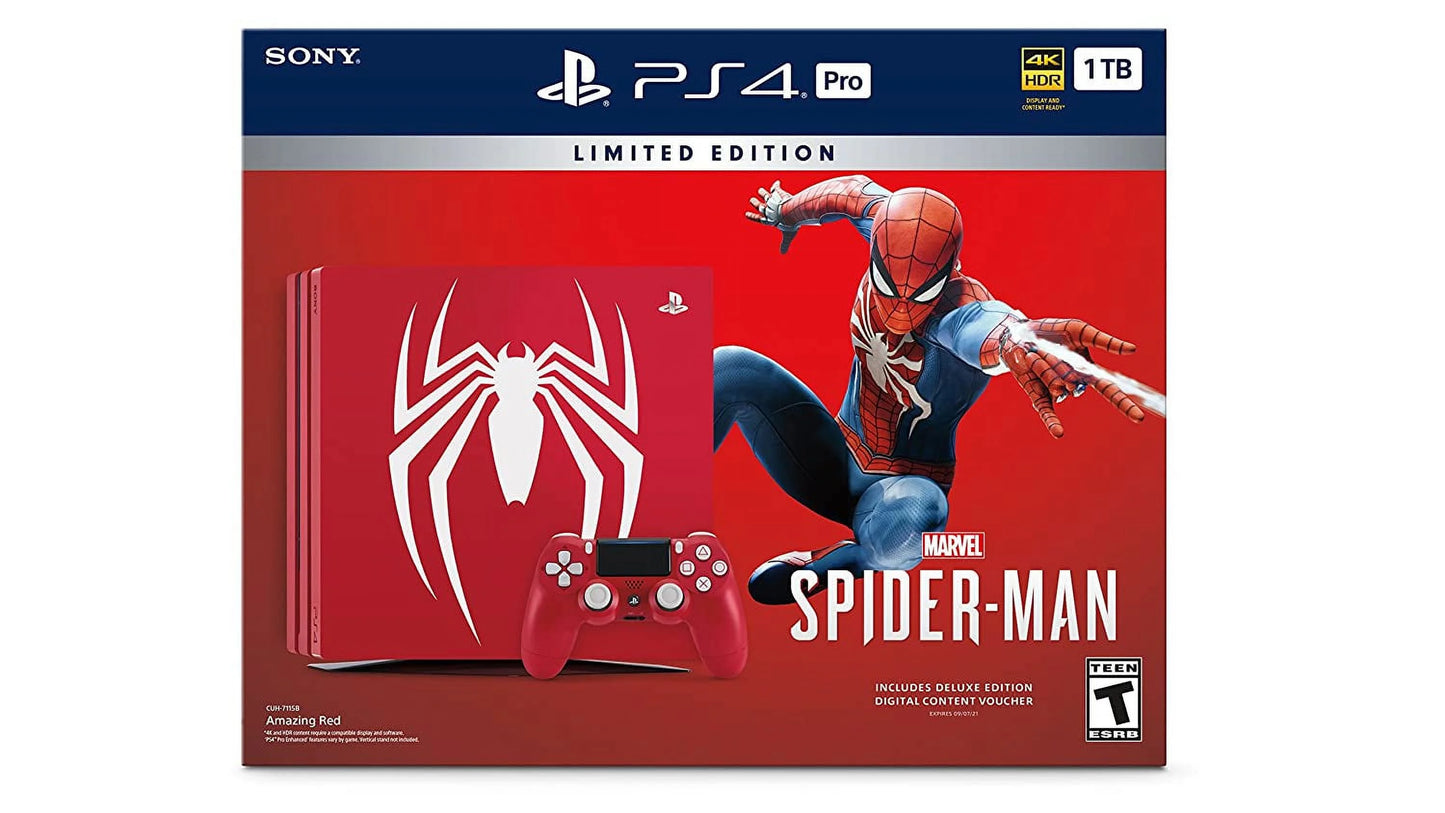 Sony playstation 4 pro 1tb gaming console spider-man limited edition with hdmi cable + 2 controller bolt axtion bundle like new