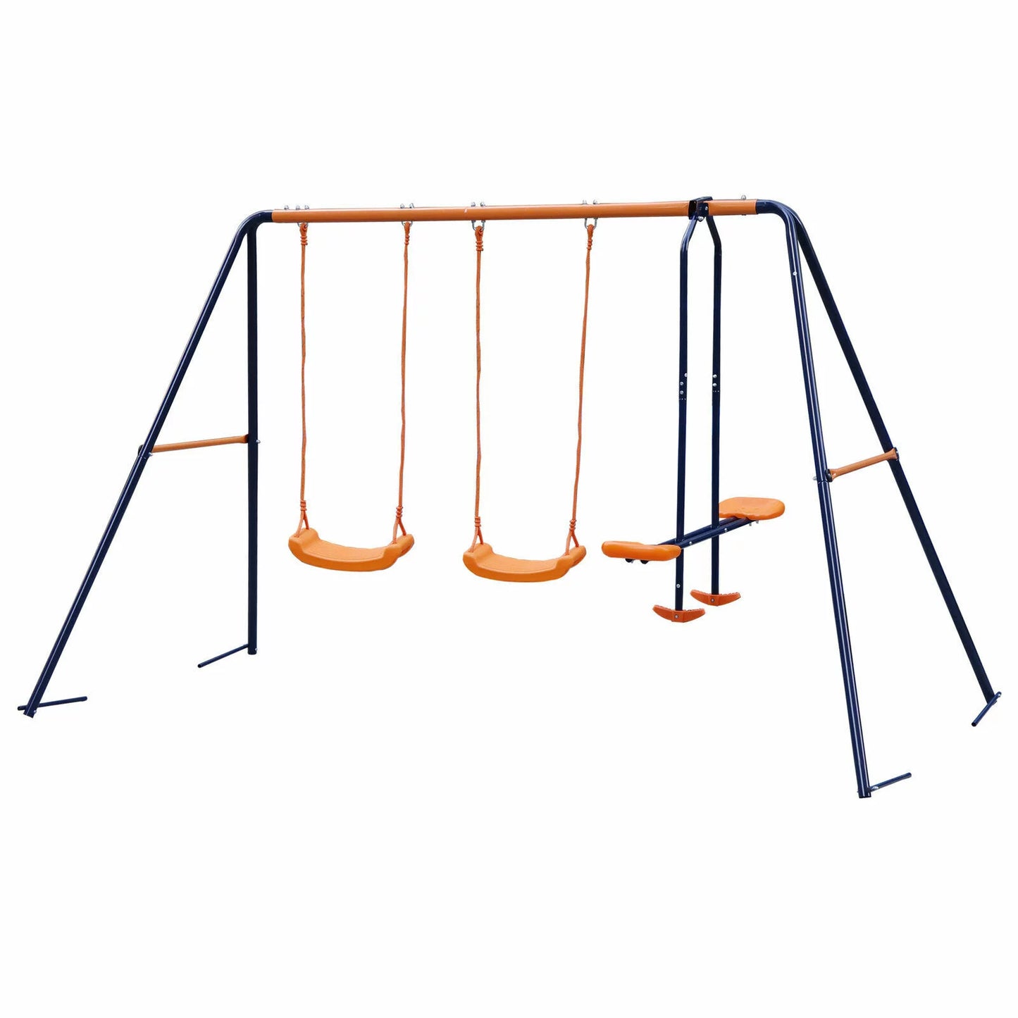 Zenstyle double metal swing set w/ 2 saucer swing seats, 1 seesaw for outdoor, backyard - kids toddler toy, all weather resistant