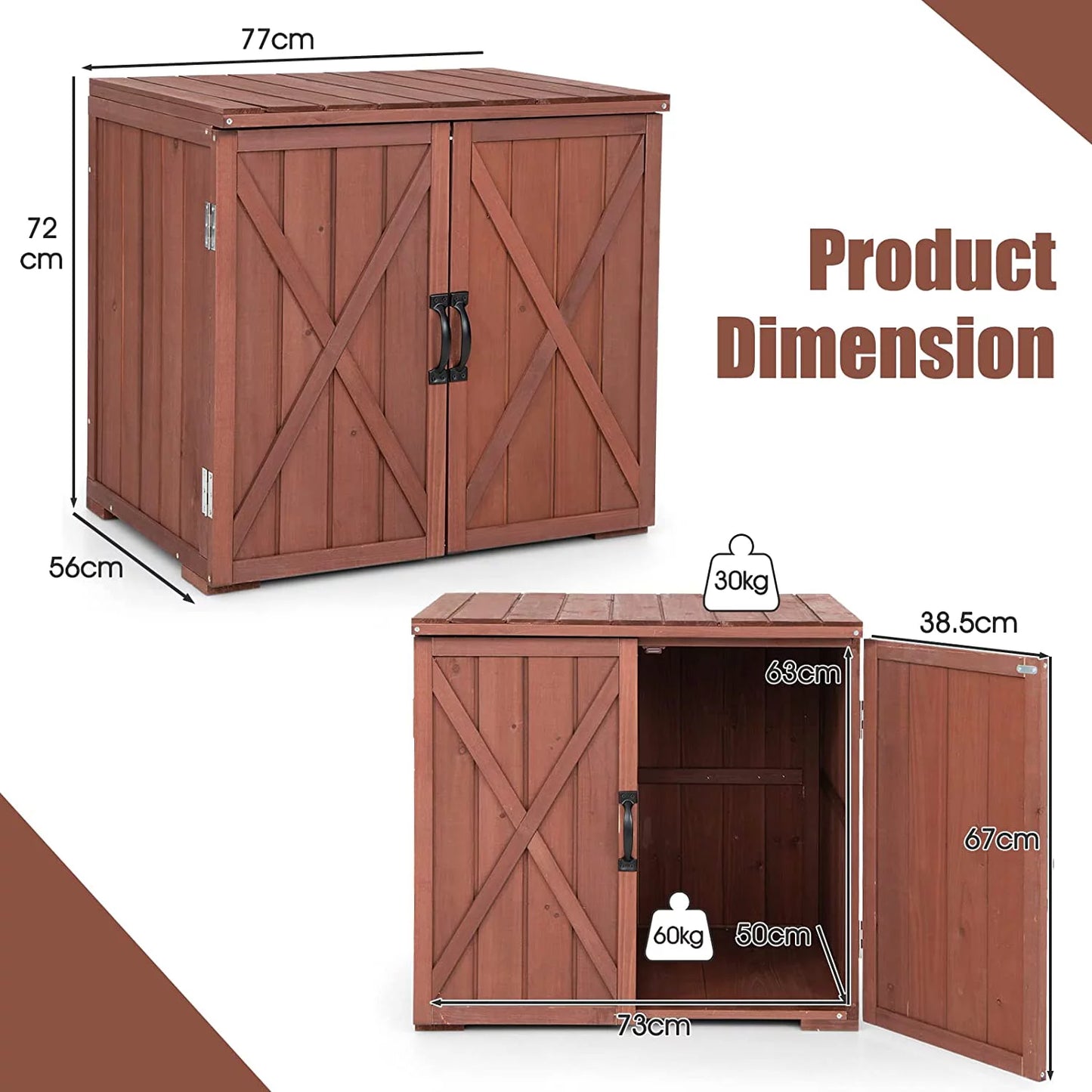 30" outdoor storage box, wooden storage deck box w/spacious inner space & countertop, tool storage cabinet for backyard garden porch, easy assembly, 30" x 22" x 28.5" (brown)