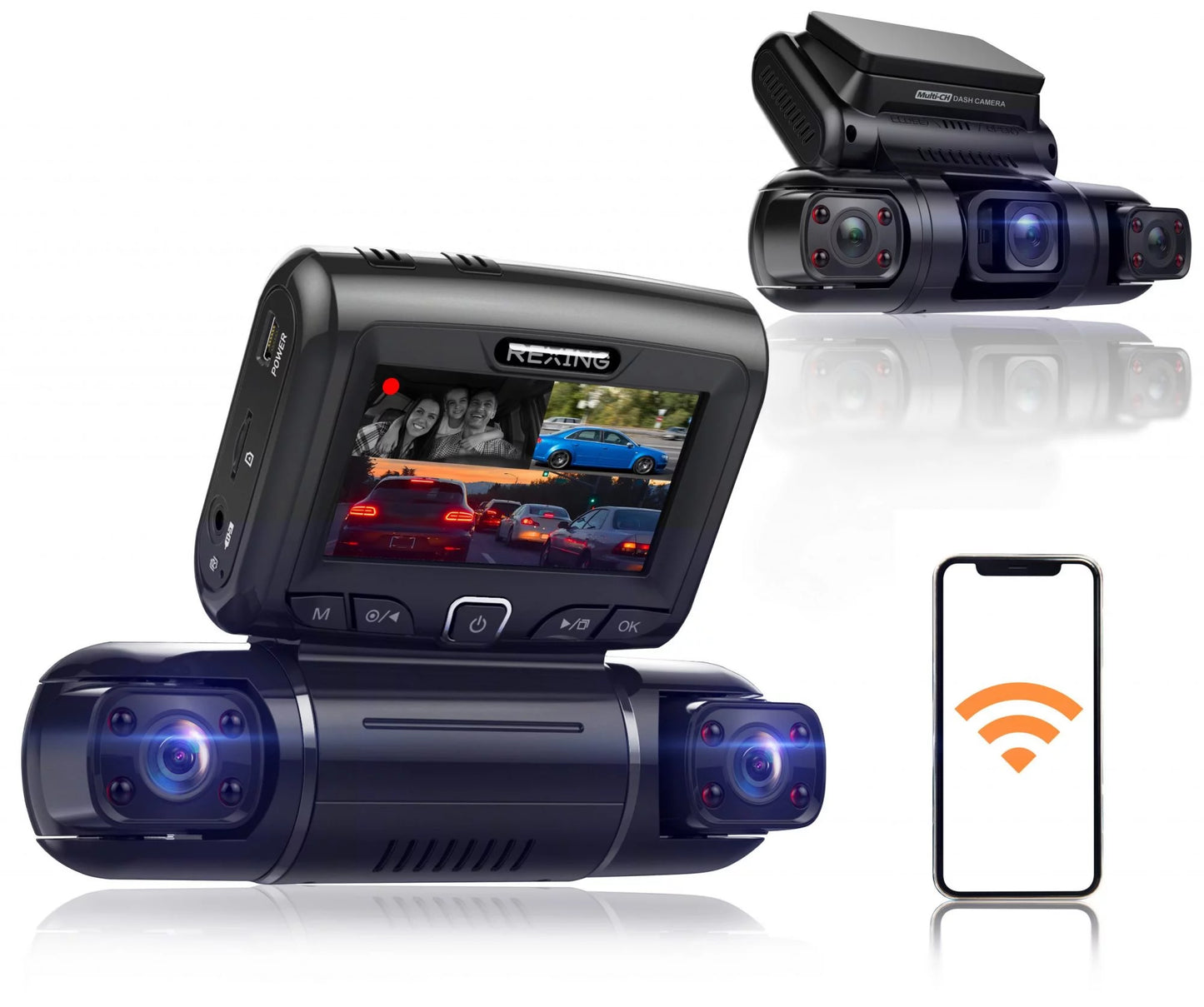 Rexing s3 3-channel dash cam front, cabin, sides 1080p+1080p+1080p