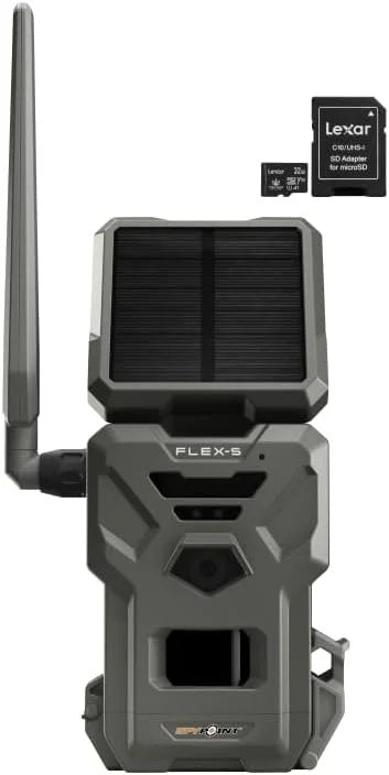 Spypoint flex-s solar cellular trail camera, integrated solar panel, lte connectivity, 100-foot flash/detection range, internal battery, optional battery backup + 32gb micro sd card