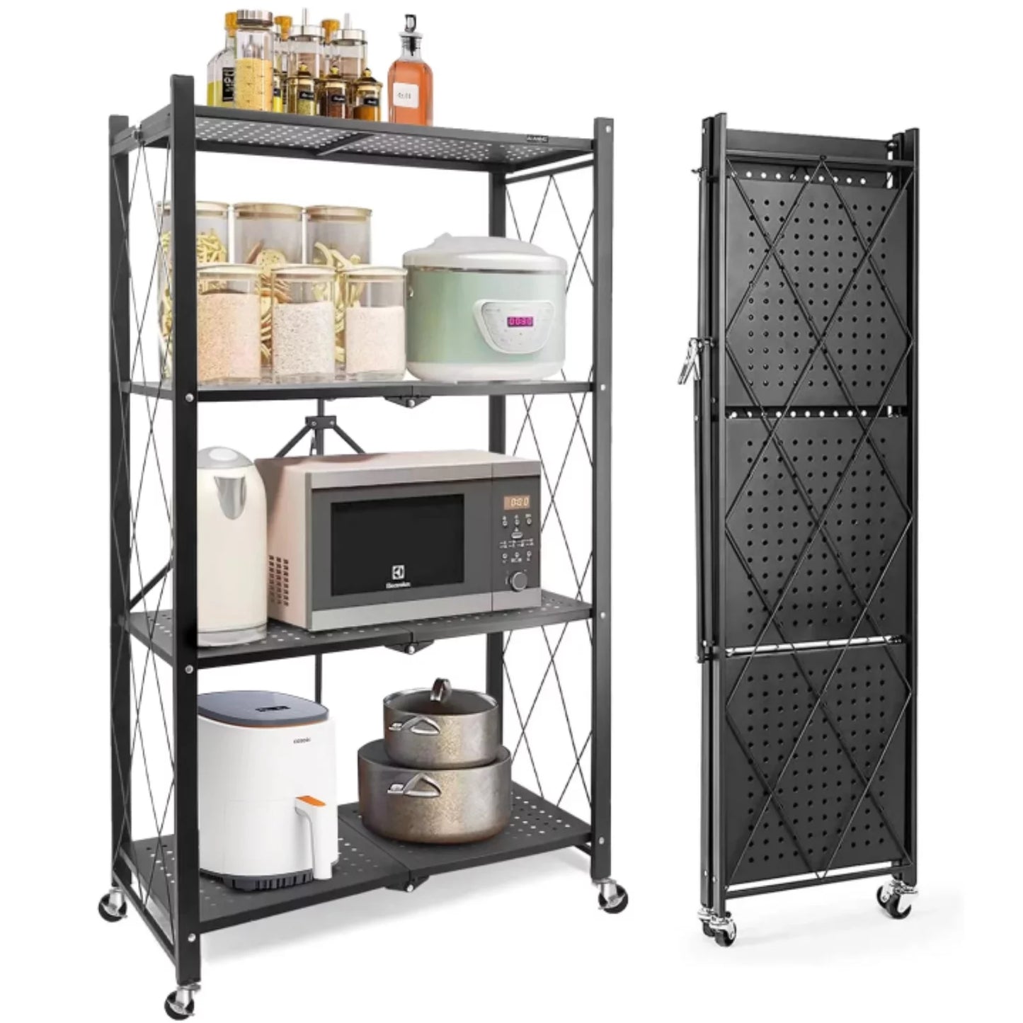 4-tier foldable storage shelf with wheels - metal collapsible shelving unit display, rolling cart for books kitchen storage shelves, pantry & closet organizer, office room decor - black