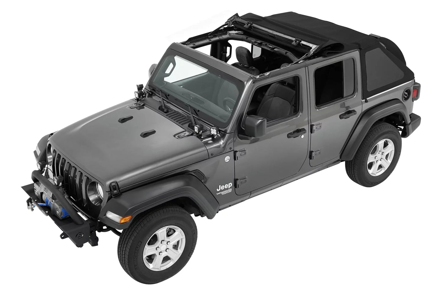 Bestop black twill trektop for a 4-door jeep wrangler jl, model years 2018 to current, (56863-17)