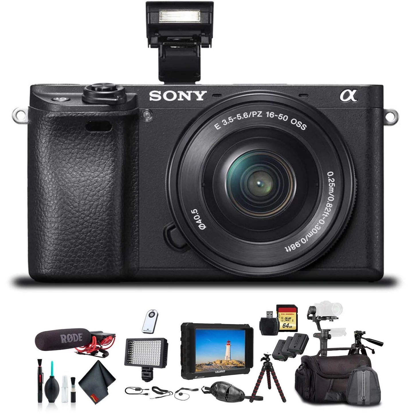 Sony alpha a6300 mirrorless camera w/ 16-50mm lens black ilce6300l/b w/ soft bag, zhiyun-tech weebill stabilizer, 2x extra batteries, rode mic, 2x 64gb cards, 4k monitor , plus essential accessories