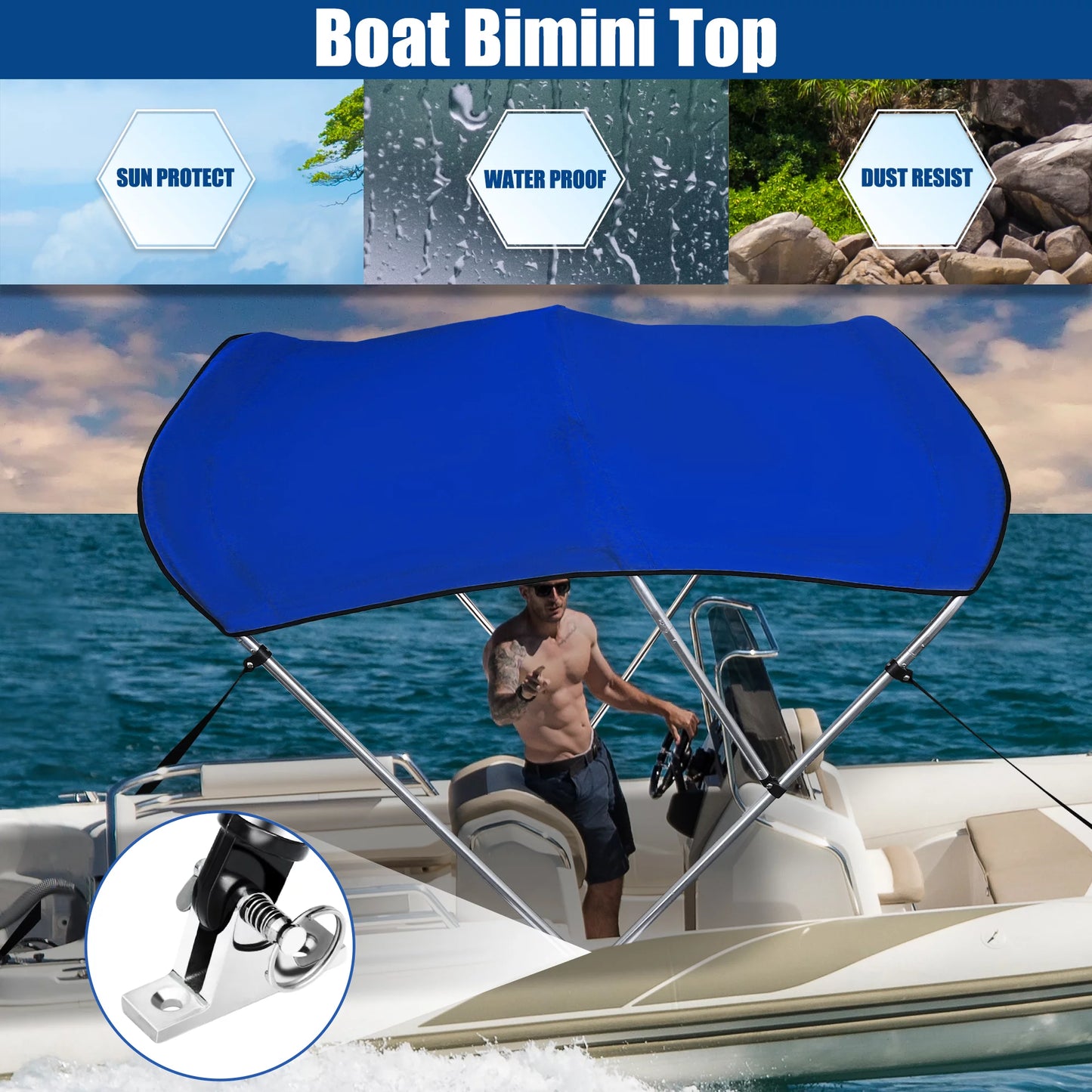 Unique bargains 600d 3 bow 6"l x 46"hx61"-66"w bimini top stainless steel deck hinges blue