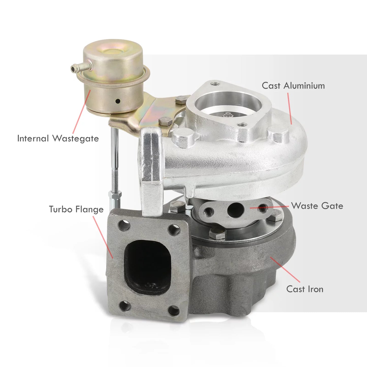 Ajp distributors t25 t28 hybrid turbo charger oil & water cooled turbocharger + wastegate 0.86 a/r turbine 0.60 ar compressor ball bearing 5-bolt outlet flange compatible/replacement for universal car