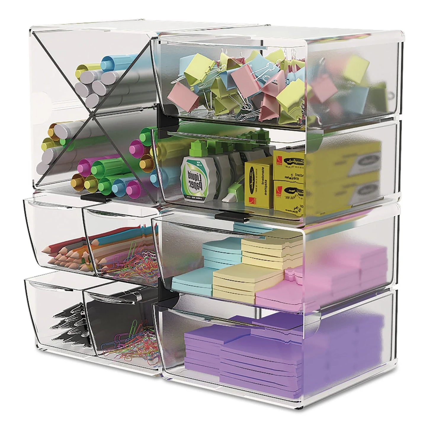 1pc deflecto stackable cube organizer, 4 compartments, 4 drawers, plastic, 6 x 7.2 x 6, clear