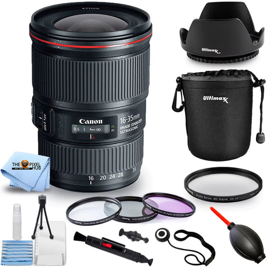 Canon ef 16-35mm f/4l is usm lens - pro bundle includes: lens pouch, tulip hood lens, filter kit, lens cap keeper and more