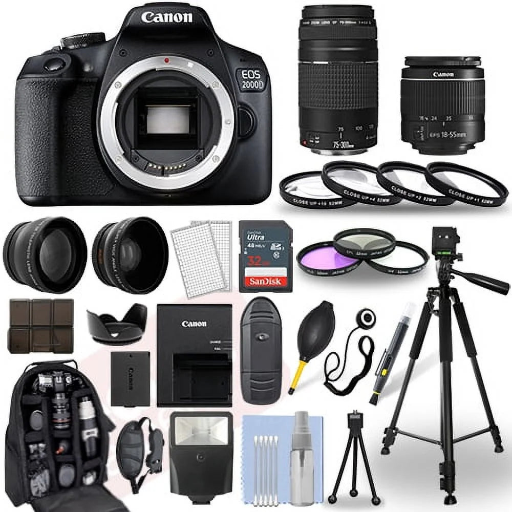 Canon eos 2000d / rebel t7 dslr camera + 18-55mm + 75-300mm + 30 piece bundle