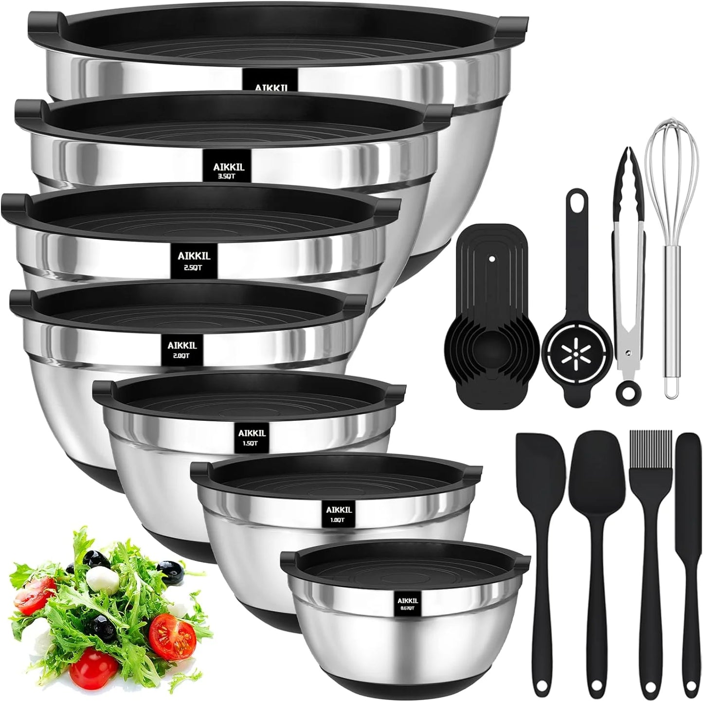 Aikkil mixing bowls with airtight lids, 20 piece stainless steel metal nesting bowls, non-slip silicone bottom, size 7, 3.5, 2.5, 2.0,1.5, 1,0.67qt great for mixing, baking, serving (black)