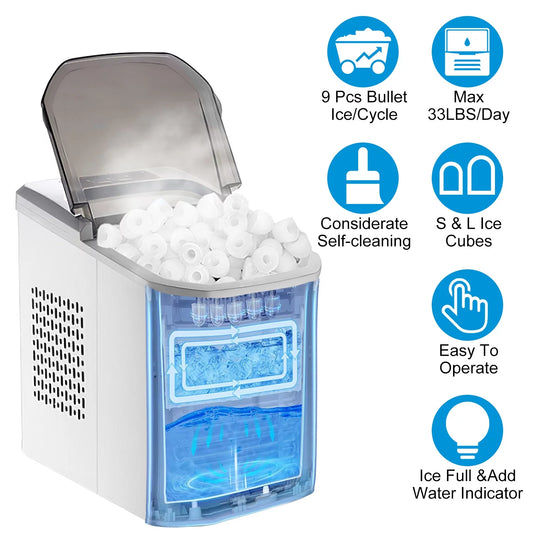 Countertop ice maker, imountek electric ice making machine 6 mins 9 s/l bullet ice, max 33lbs/24hrs, portable ice maker with self-cleaning, ice scoop, and basket, for home/kitchen/office/party/bar/rv