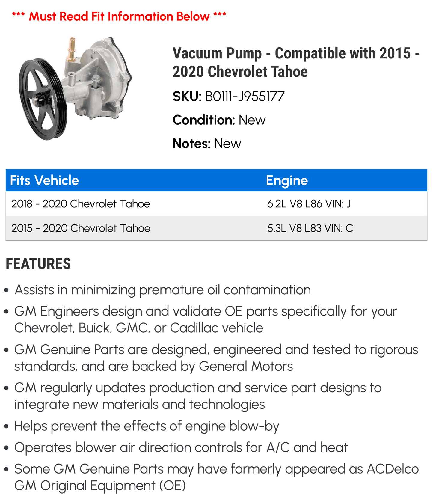 Vacuum pump - compatible with 2015 - 2020 chevy tahoe 2016 2017 2018 2019