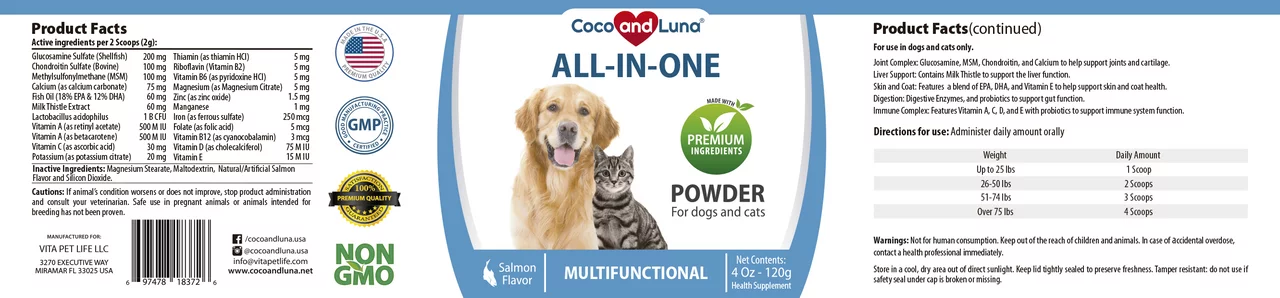 Coco and luna 10 in 1 for dogs and cats - multivitamin powder 4oz (120g)