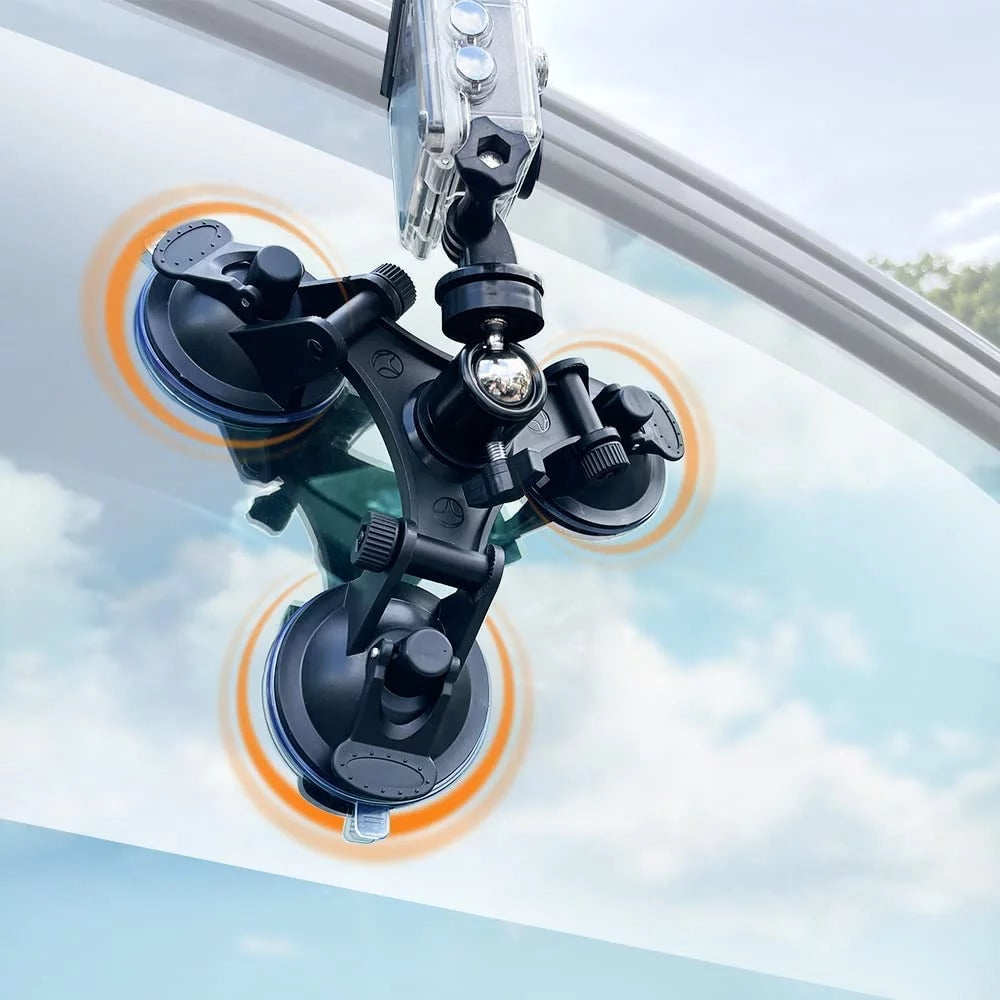 Triple suction cup mount holder action camera car windshield mount with 1/4 threaded head 360 degree tripod ball head