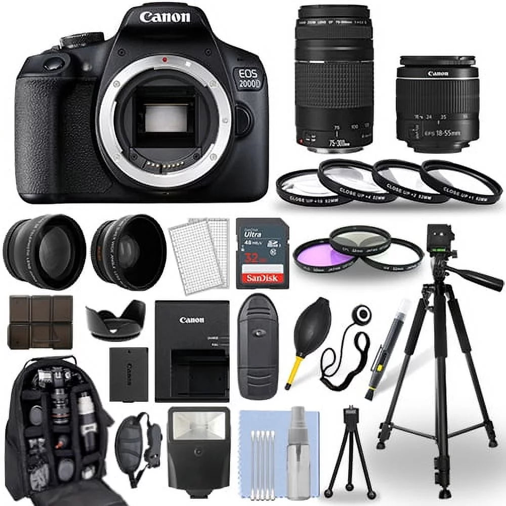 Canon eos 2000d / rebel t7 dslr camera + 18-55mm + 75-300mm + 30 piece bundle