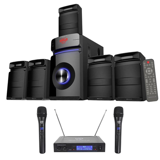 Rockville home theater/karaoke machine system w/5.25" sub+(2) wireless vhf mics