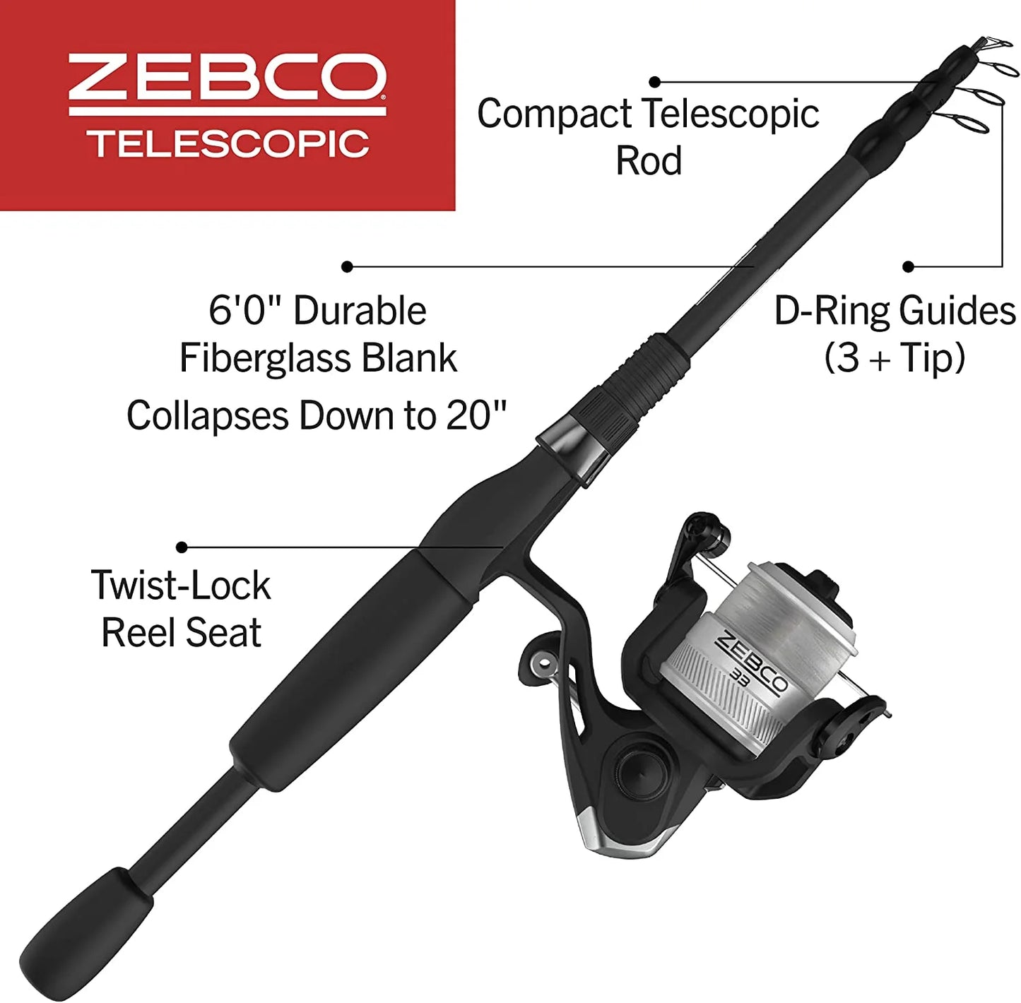 Zebco 33 spinning reel and telescopic fishing rod combo, 6-foot rod, size 30 reel, silver/black