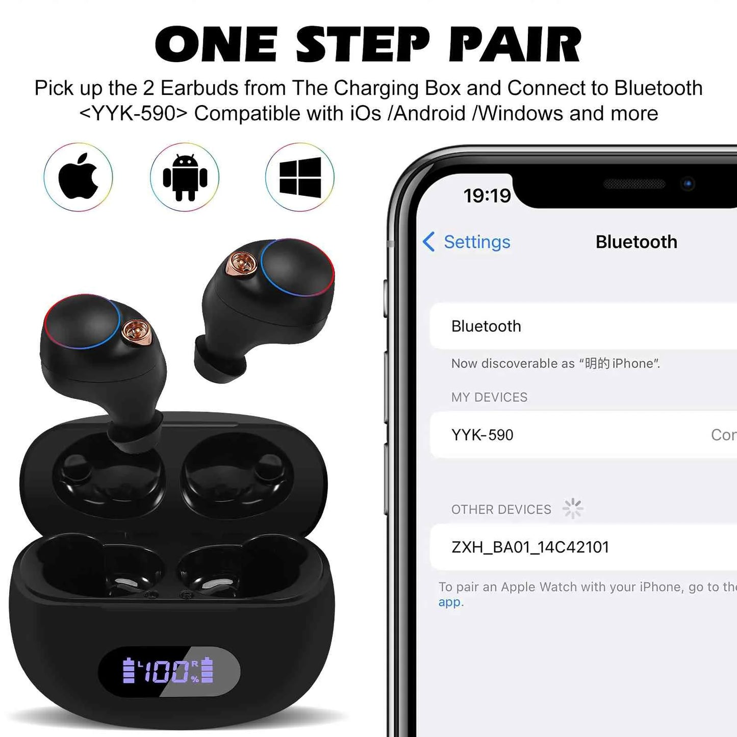 Urbanx true wireless bluetooth earbuds + charging case, black, dual connect, ipx5 water resistance, bluetooth 5.2 connection, balanced, bass boost compatible with lenovo tab m10 plus (3rd gen)