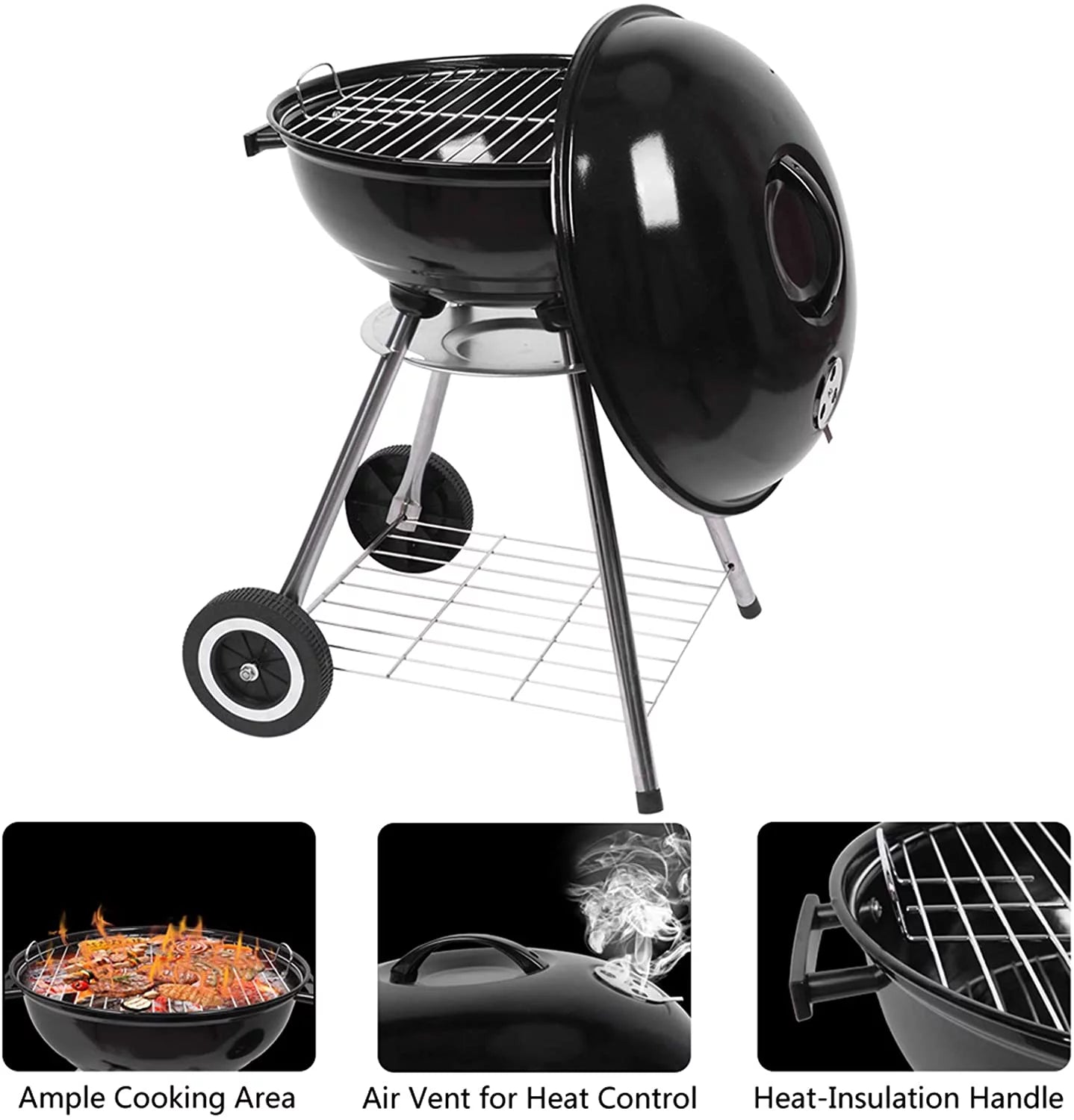 Charcoal grill, 18 inch stainless steel bbq charcoal with wheels and storage holder for camping, picnic, barbecue, party, outdoor activities