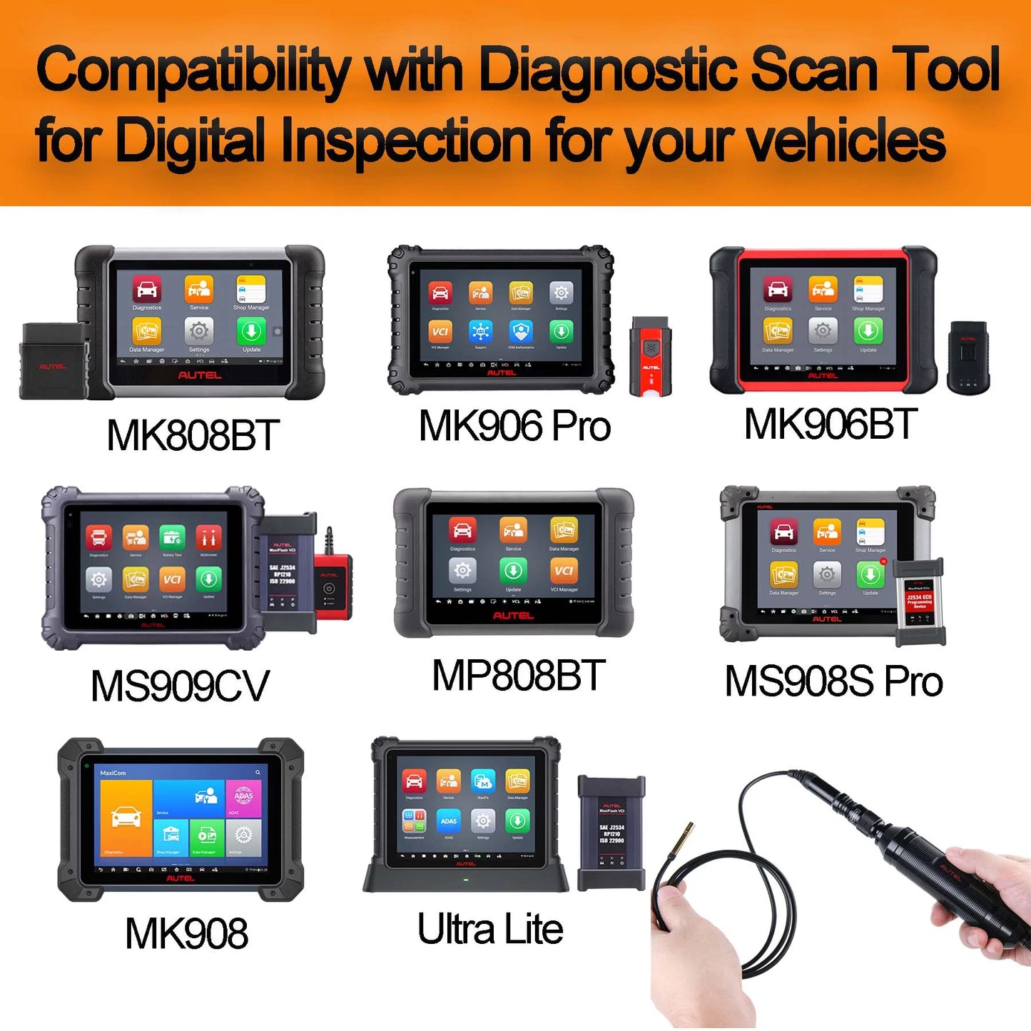 Autel maxivideo mv108 digital inspection camera video scope with waterproof imager head work with pc ms906bt ms906ts ms906 pro ms906s ms906 pro-ts ms908p mx808 ms909 ms919 ms ultra ms elite-mv108