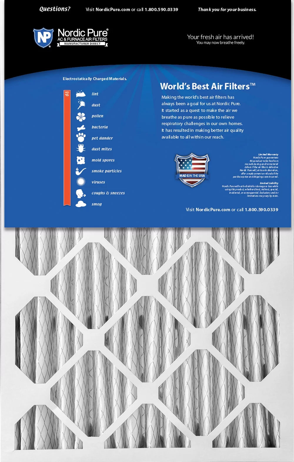 16x25x5 (4 3/8) honeywell/lennox replacement merv 15 air filters 2 pack