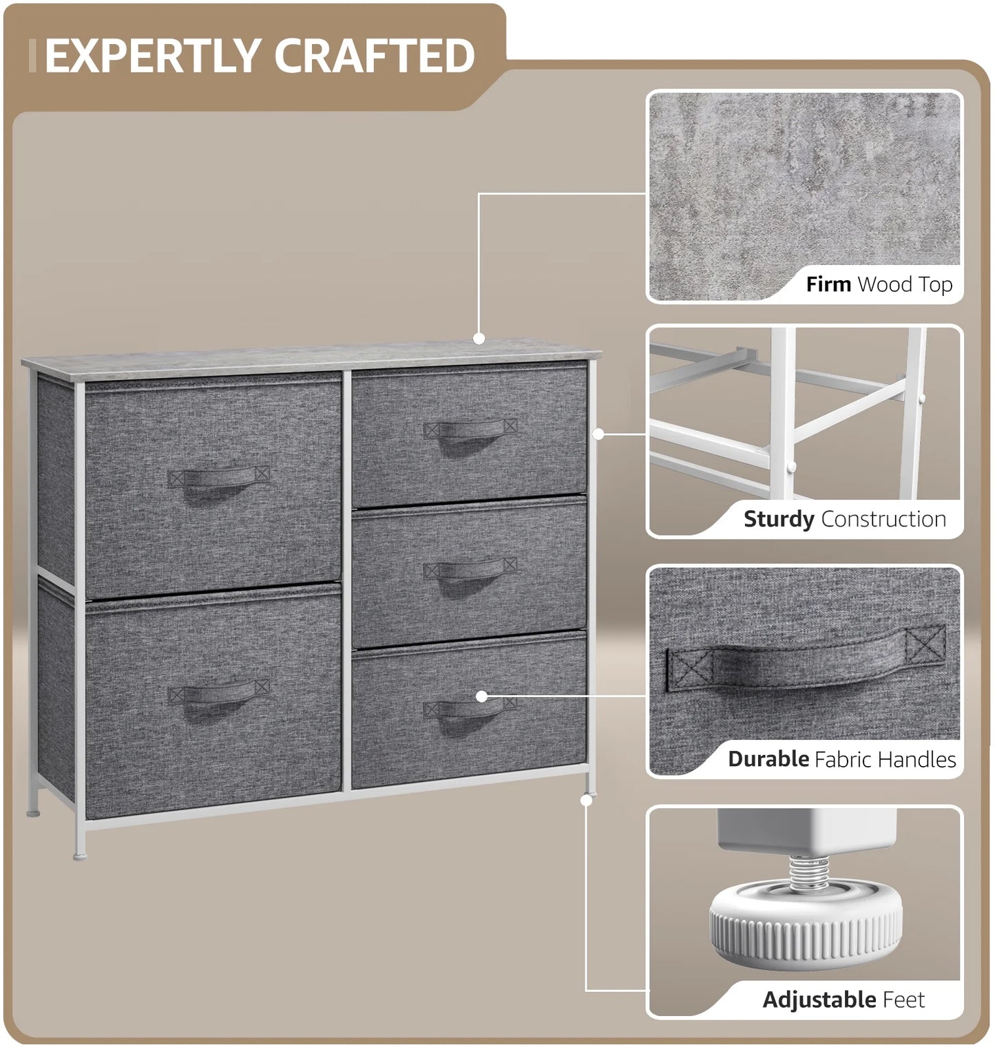 Sorbus 5-drawer dresser: bedroom, hallway, closet organization, steel frame, gray