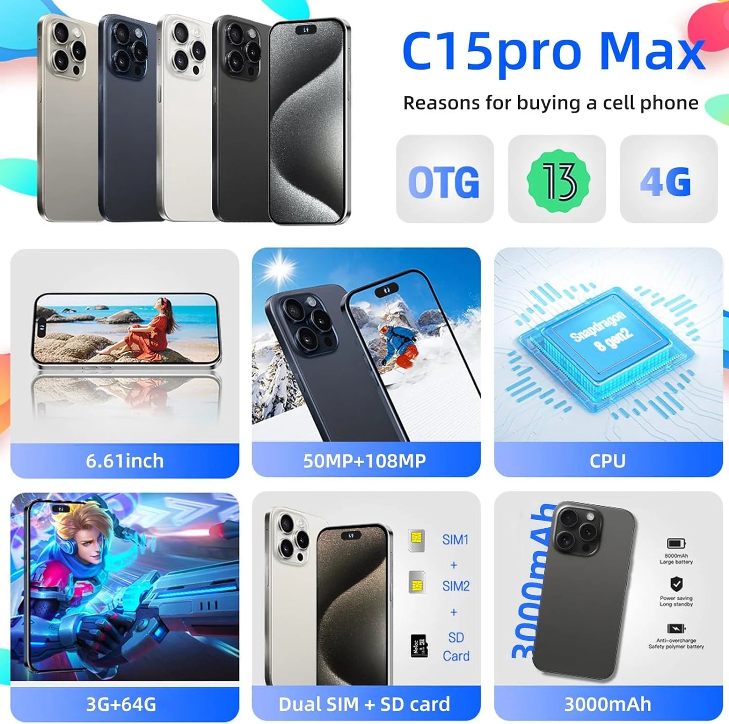 C15 pro max smartphone 6.61in high-definition large screen smartphones dual-sim phone 3000mah large-capacity battery android phone unlocked support ai cell phones (black,3+32g)