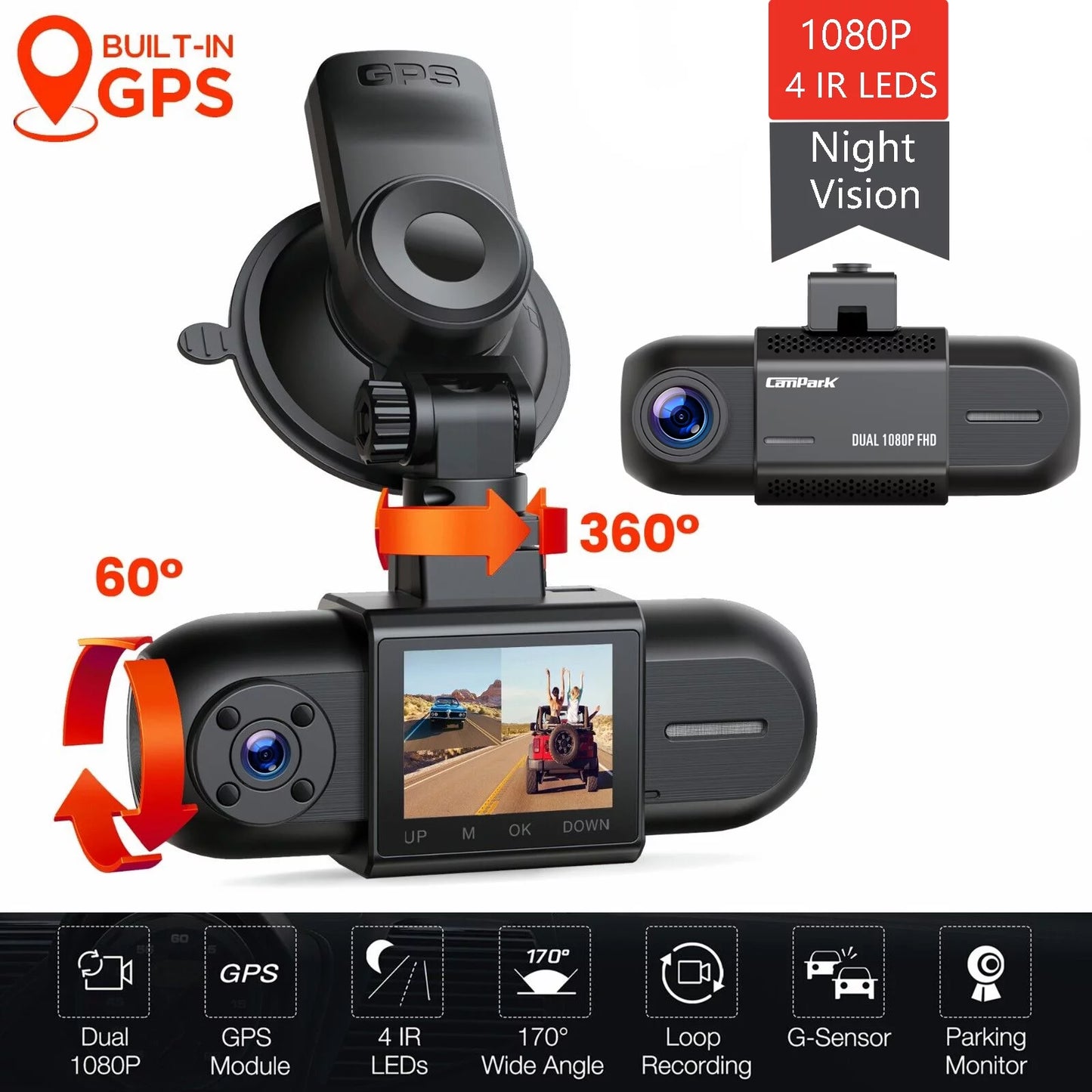 Campark dual 1080 dash cam front and inside, 1.5" gps car camera, dash camera for cars with wdr night vision, loop recording, 170° wide angle, 24h parking monitor