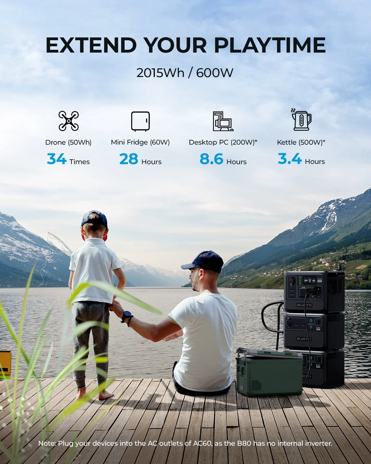 Bluetti ac70+b80 portable solar generator, 768wh lifepo4 power station, 80% charge in 45 mins, 1000w rated power (2000w lifting power) for camping, hiking, home backup