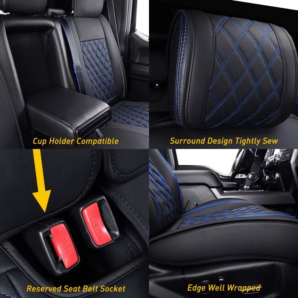 Car seat covers full set with waterproof leather fit for 2009 to 2023 ford f150 and 2017 to 2023 f250 f350 f450,double,extended cab or pickup truck(full set, black-blue)