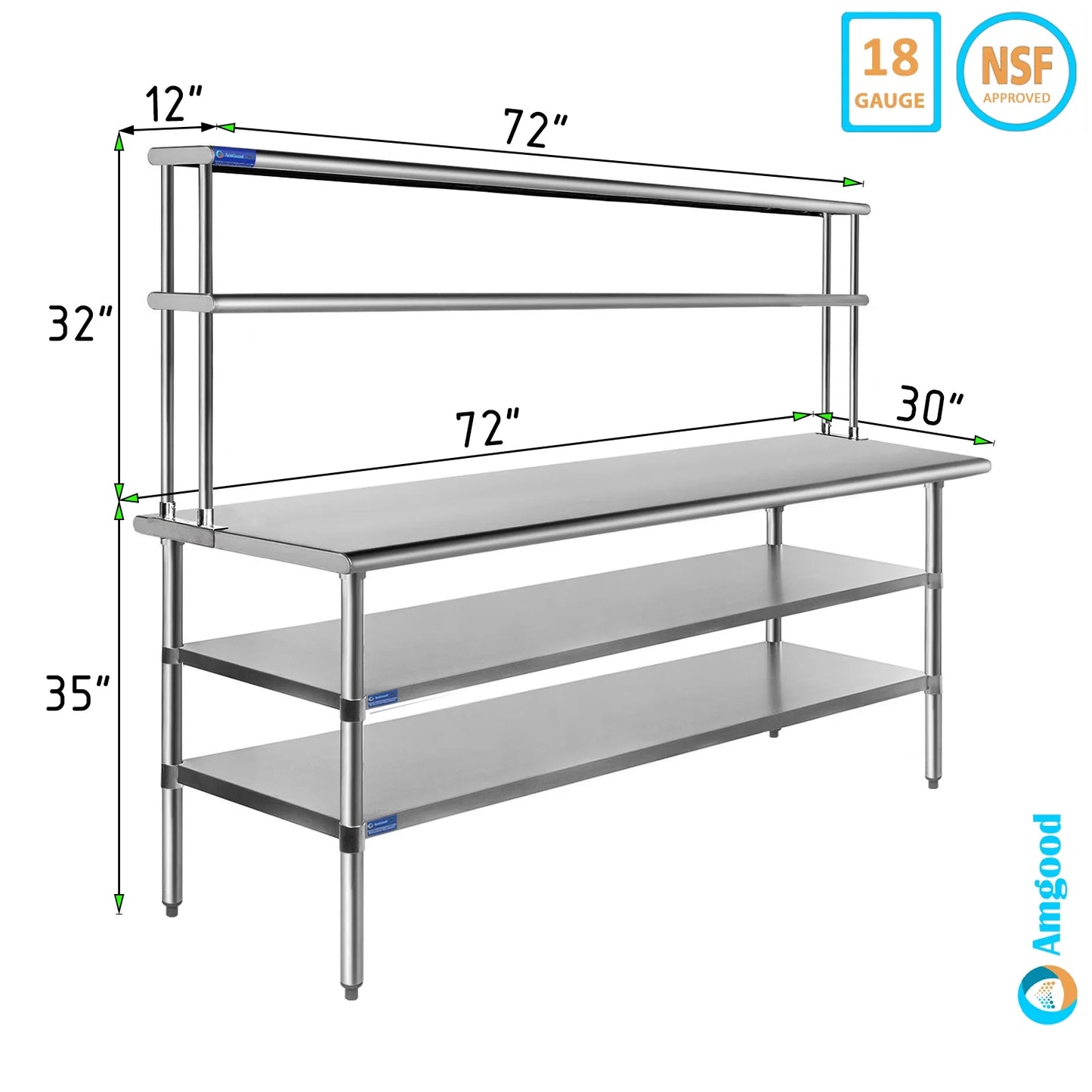 30" x 72" stainless steel work table with two shelves | 12" wide double tier overshelf | metal kitchen prep table & shelving combo