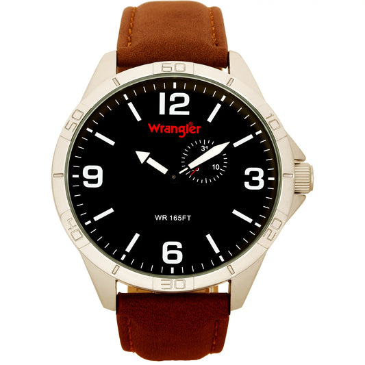 Wrangler 48mm black dial, brown strap watch