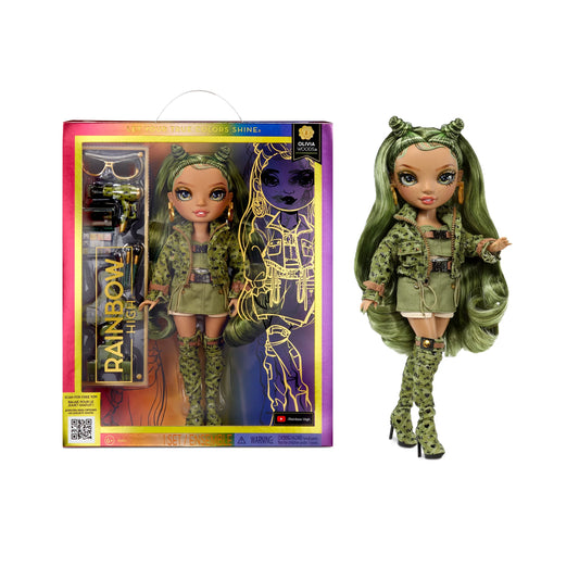 Rainbow high olivia, camo green fashion doll, outfit & 10+ colorful play accessories. kids gift 4-12 years old and collectors