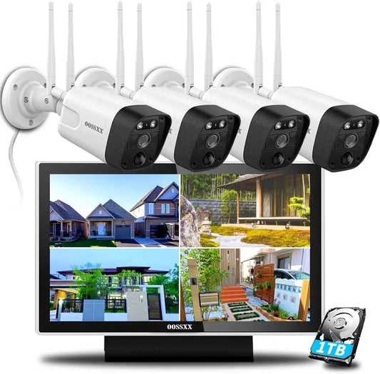 {full pir detection wireless camera system}, 4pcs all-in one 5.0mp 1tb，dual antennas, two-way audio with 10-inch monitor by oossxx