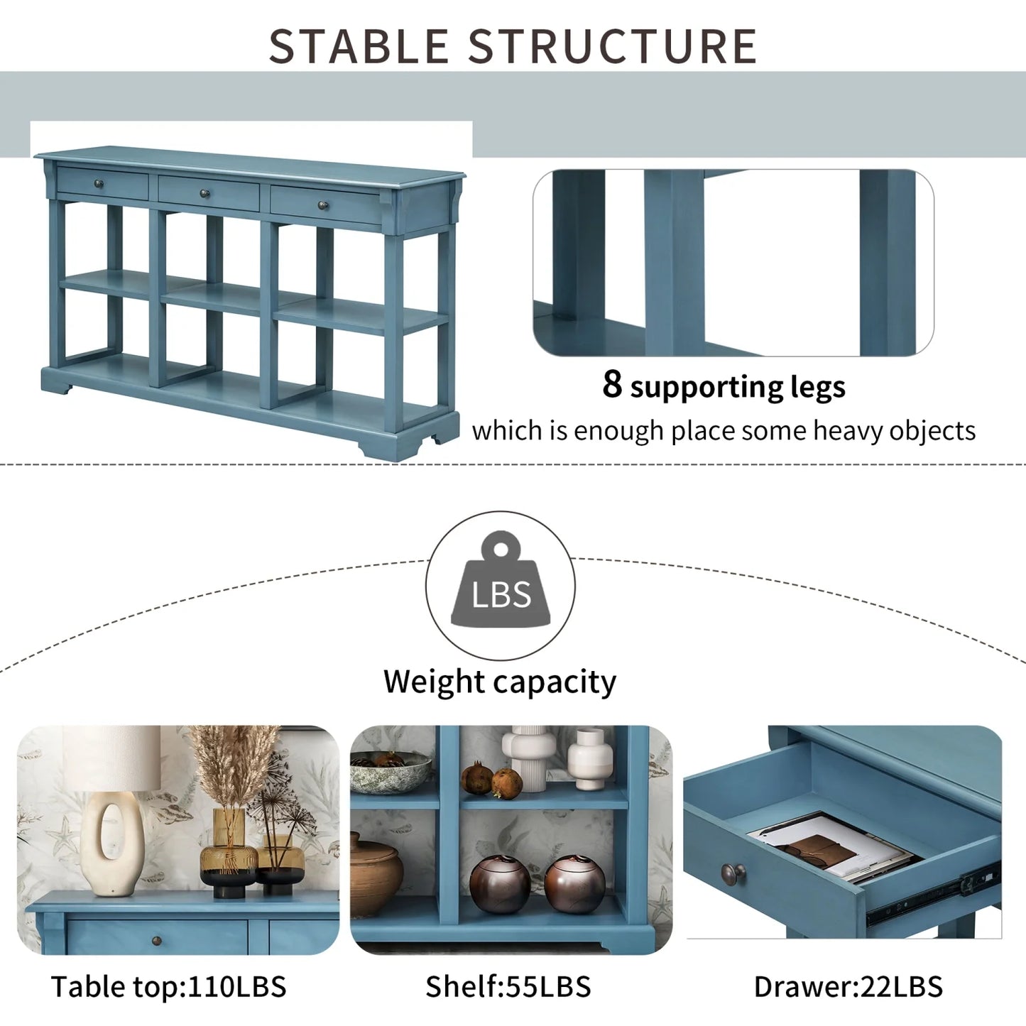 Trexm retro console table/sideboard with ample storage  open shelves and drawers for living room (navy  old sku  wf298765aam)