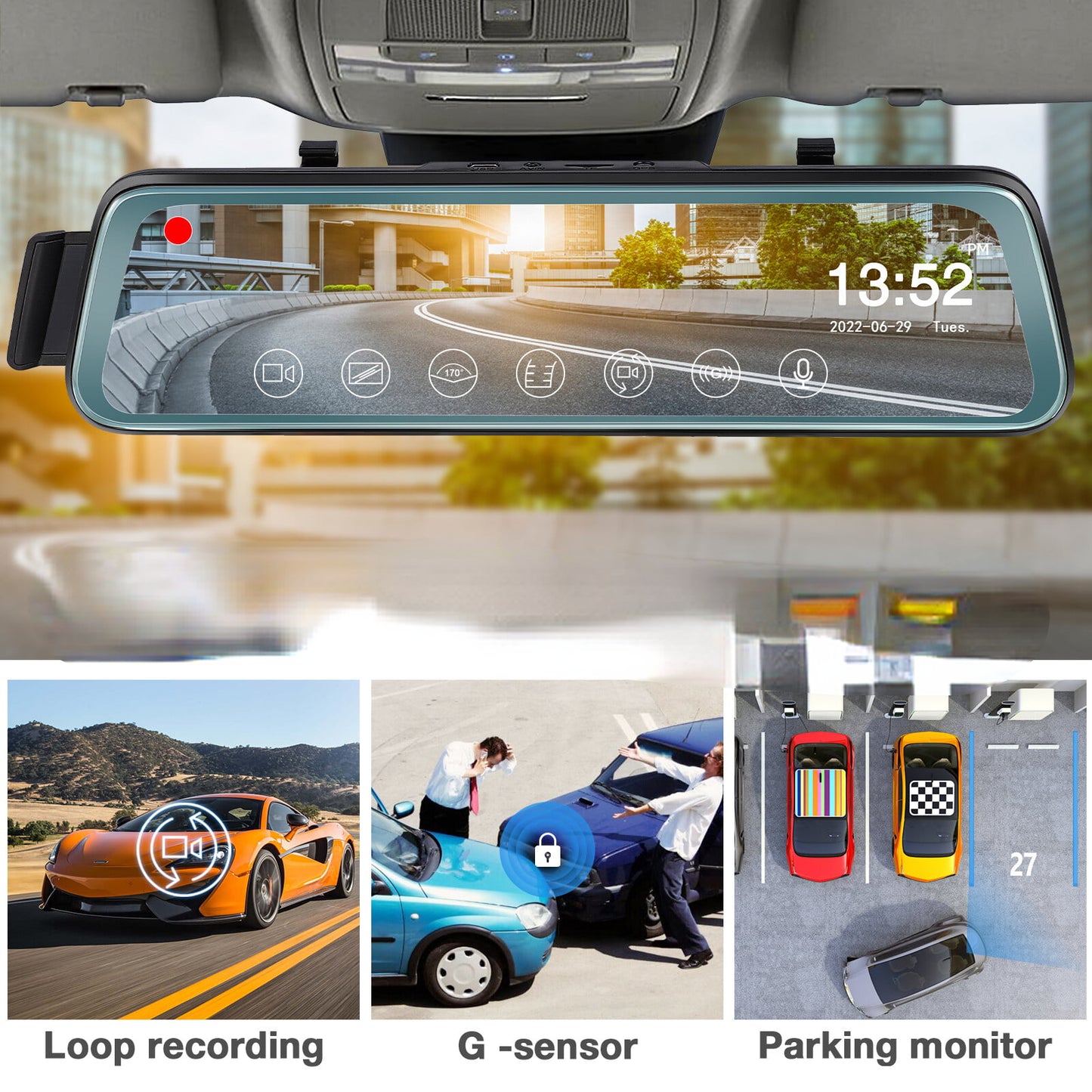 Cheefull 10' mirror camera front and rear 1080p backup camera  ' mirror dash cam rear viewfhd full touch screen w loop recording, g-sensor, parking monitor 170° wide angle