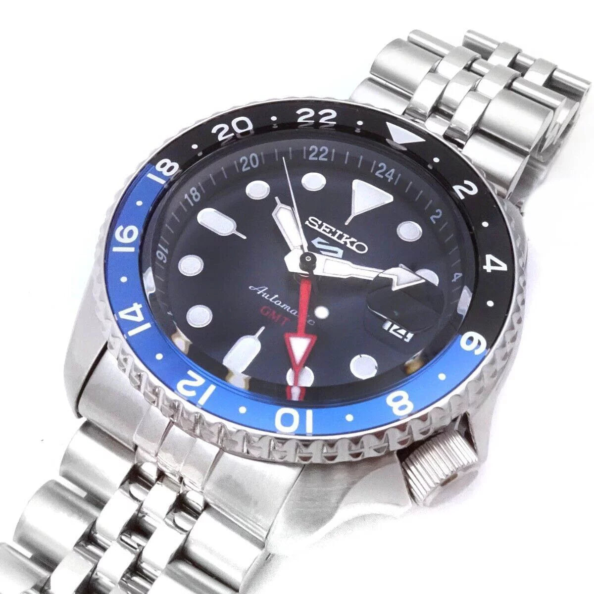 Seiko 5 watch gmt black and blue bezel