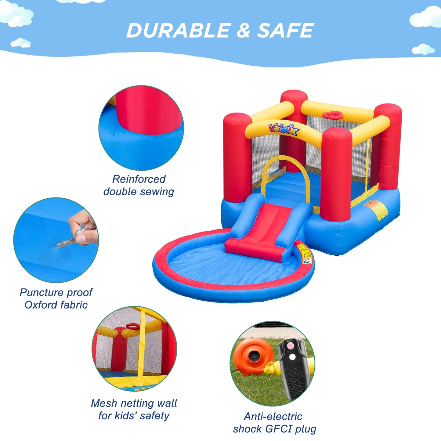 Valwix inflatable bounce house with blower for kids 3-5 years , bouncy castle waterslide & pool for wet dry combo, bouncer with repair kits, fun bounce area with basketball hoop