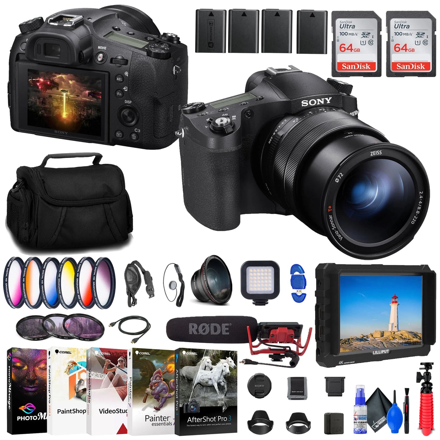 Sony cyber-shot dsc-rx10 iv digital camera + 4k monitor + rode videomic + more