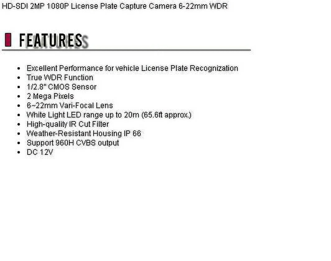 Cctv hd-sdi 2mp 1080p license plate capture camera 6-22mm wdr