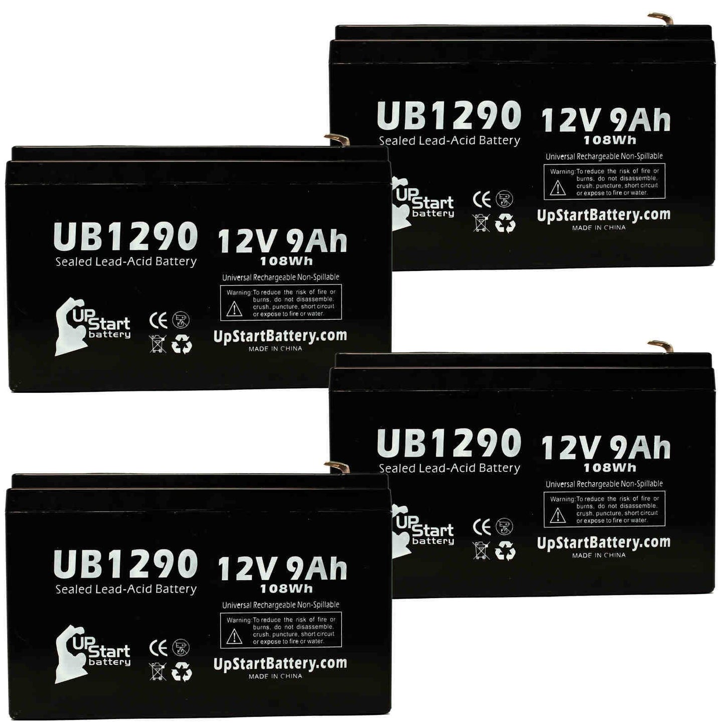 4x pack - compatible kontron 7640 microgas battery - replacement ub1290 universal sealed lead acid battery (12v, 9ah, 9000mah, f1 terminal, agm, sla) - includes 8 f1 to f2 terminal adapters