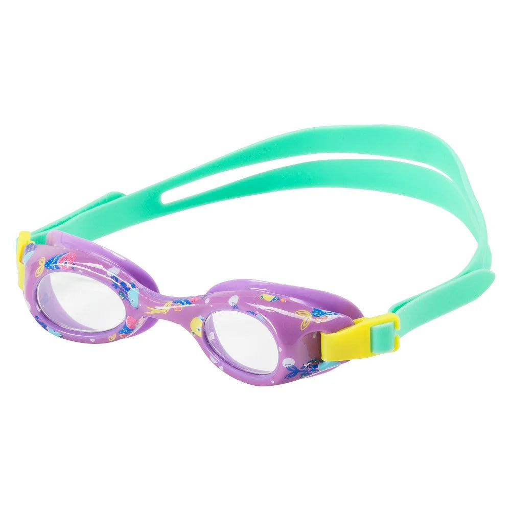 Speedo kid's glide print swim goggles, prism violet with fish, with uv protection, latexfree, anti-fog, flex fit for ages 3-8 years old