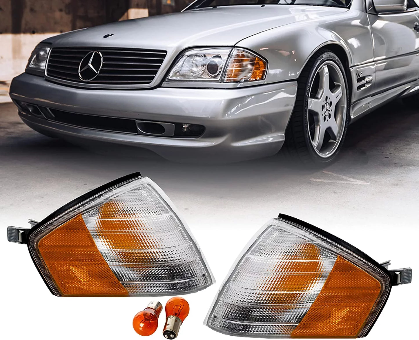 Usr mbz r129 corner lights - replacement amber / clear frost lens front turn signal lamps set (left + right) compatible with 1990-2002 mercedes benz r129 chassis sl class roadster